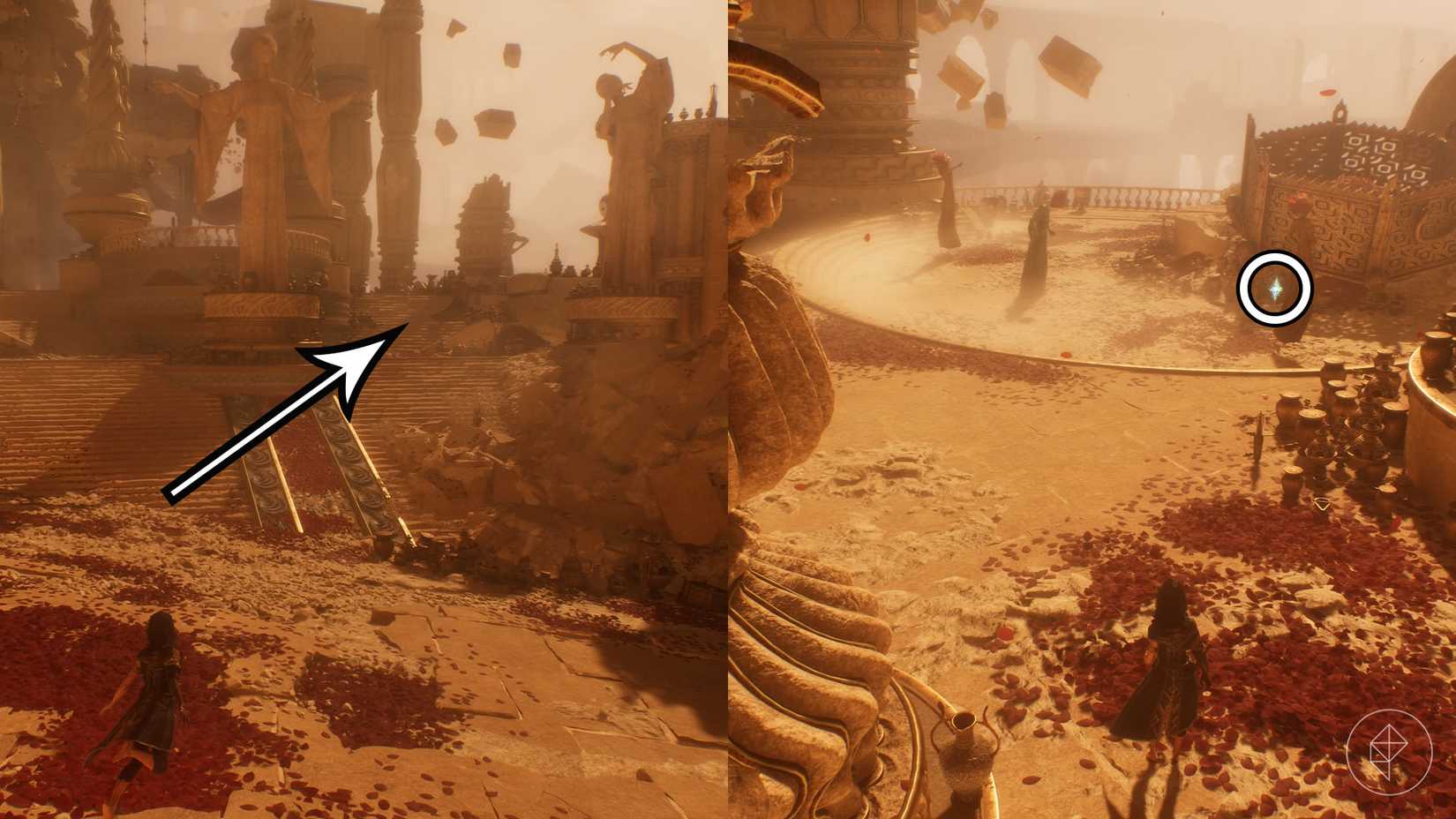 A montage of two Clair Obscur screenshots showing Journal 55 location