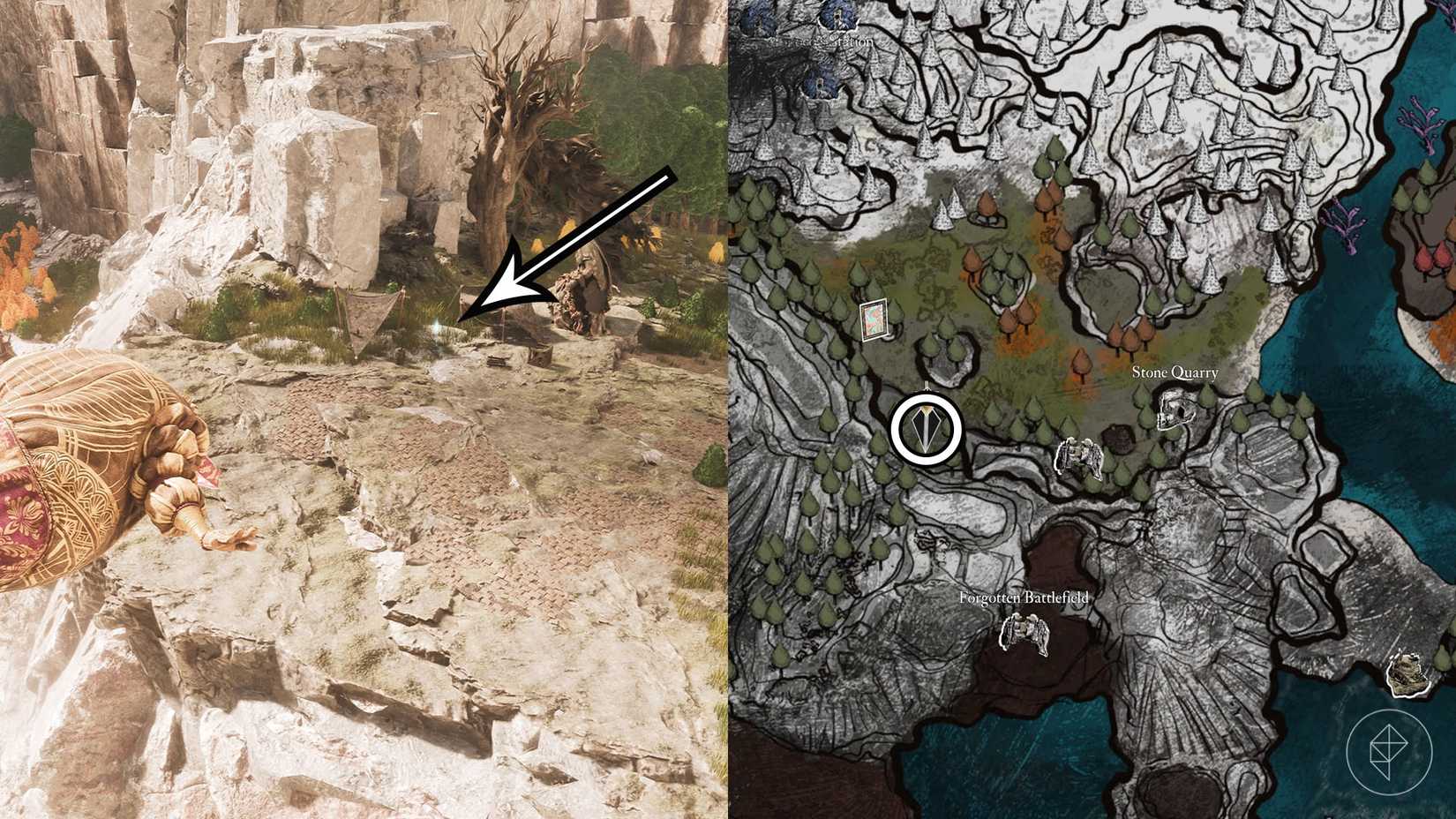 A montage of two Clair Obscur screenshots showing Julie's journal location