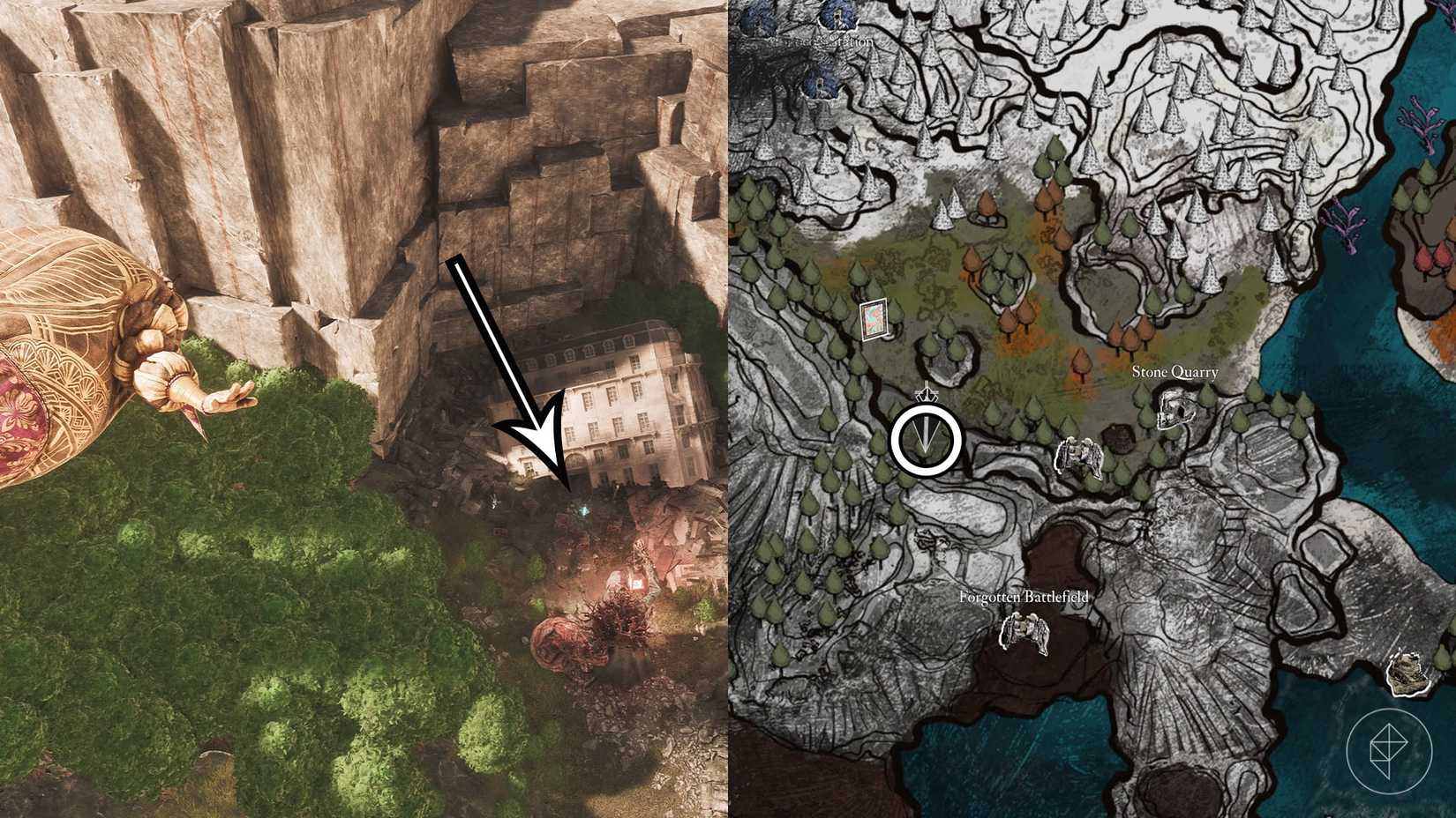 A montage of two Clair Obscur screenshots showing Verso's journal location