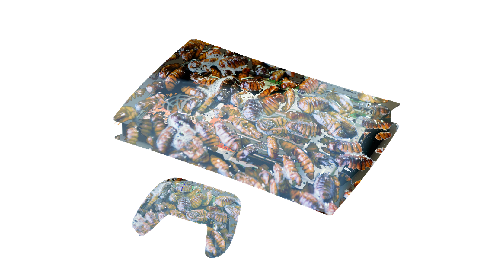A PS5 covered in images of bugs sits against a white background.
