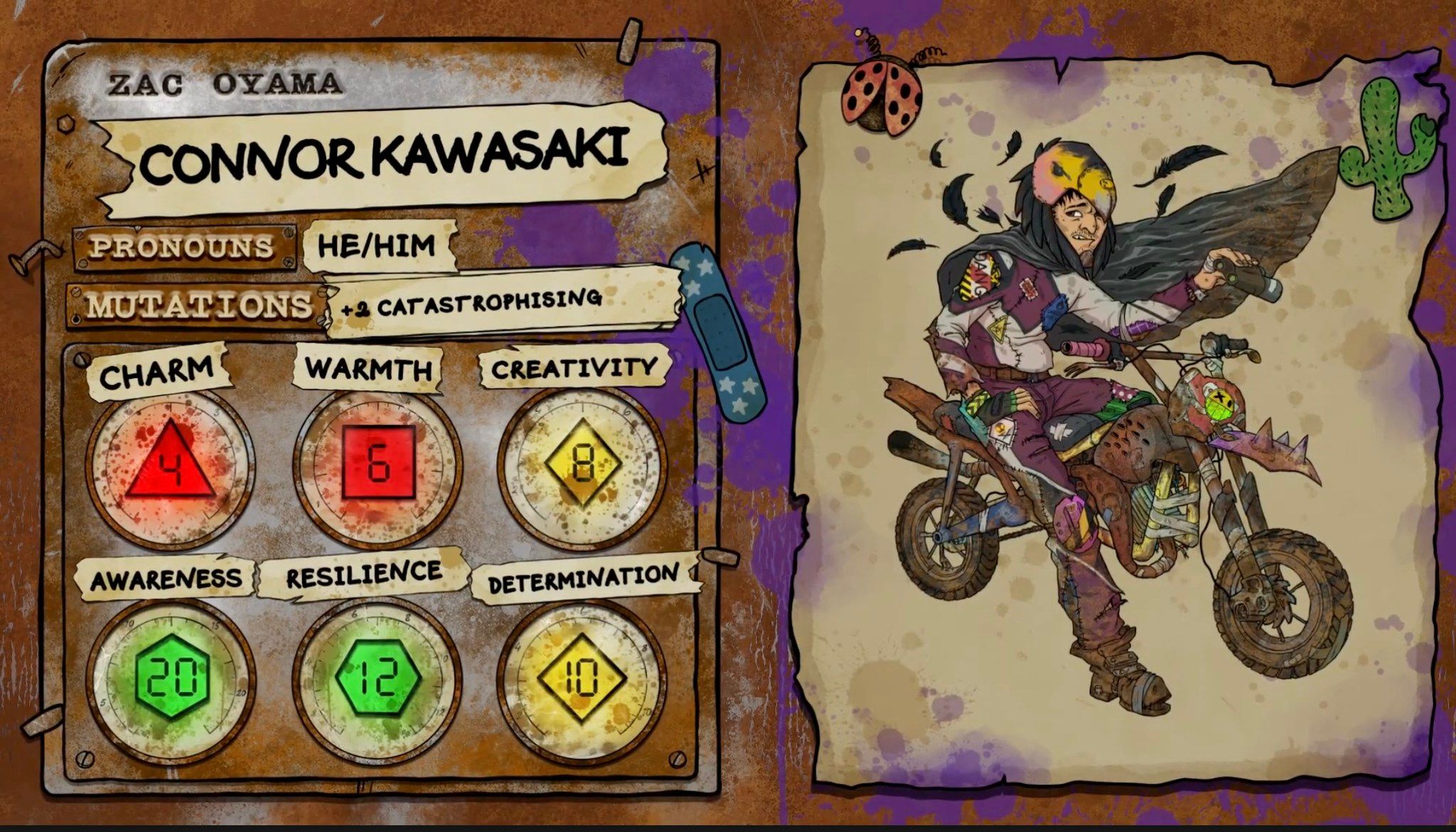 Zac Oyama's character sheet for the Dimension 20: Gladlands character Connor Kawasaki, a caped man with a bird-head cowl, riding a dirt bike.