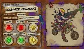 Zac Oyama's character sheet for the Dimension 20: Gladlands character Connor Kawasaki, a caped man with a bird-head cowl, riding a dirt bike.