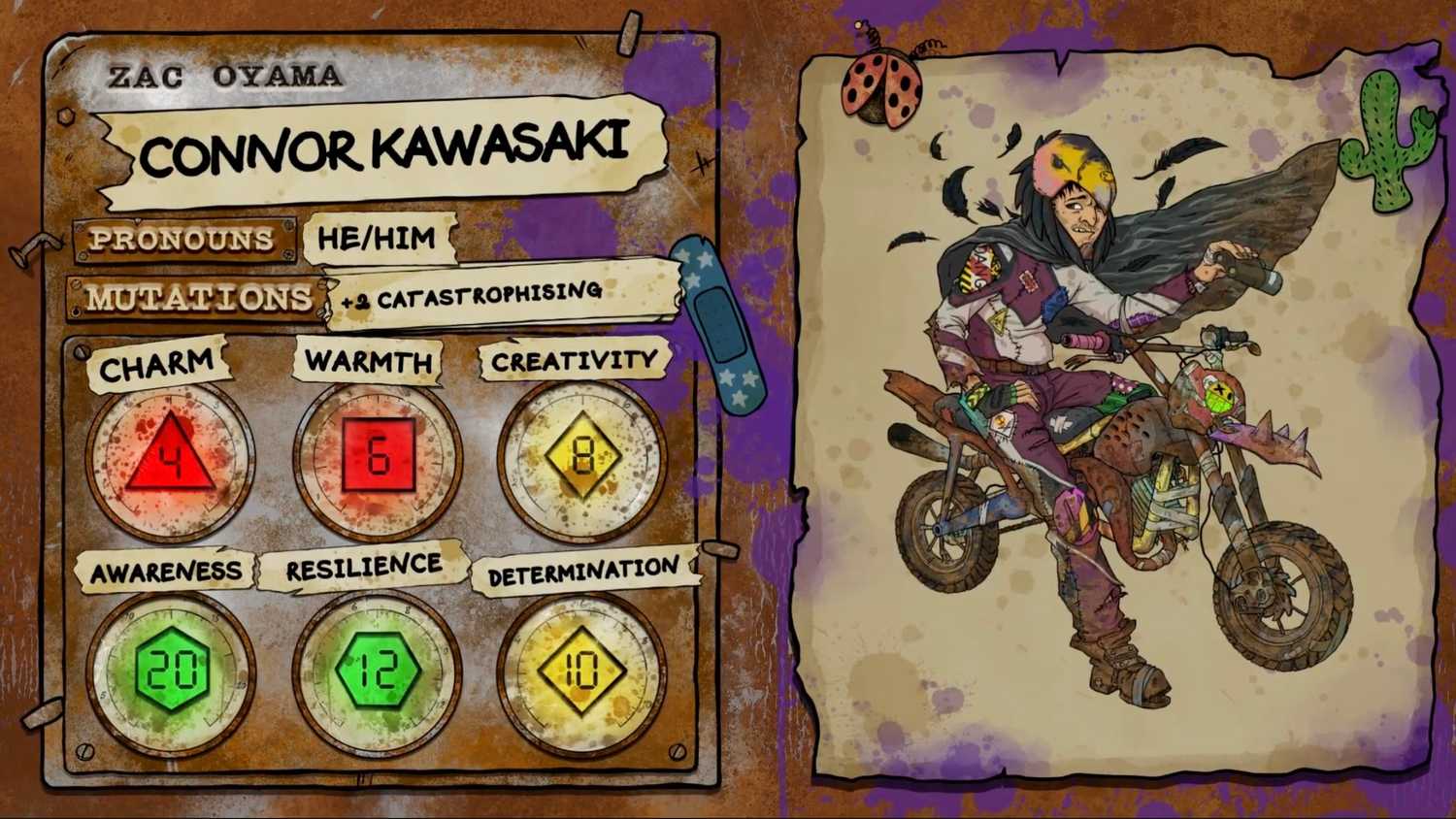 Zac Oyama's character sheet for the Dimension 20: Gladlands character Connor Kawasaki, a caped man with a bird-head cowl, riding a dirt bike.