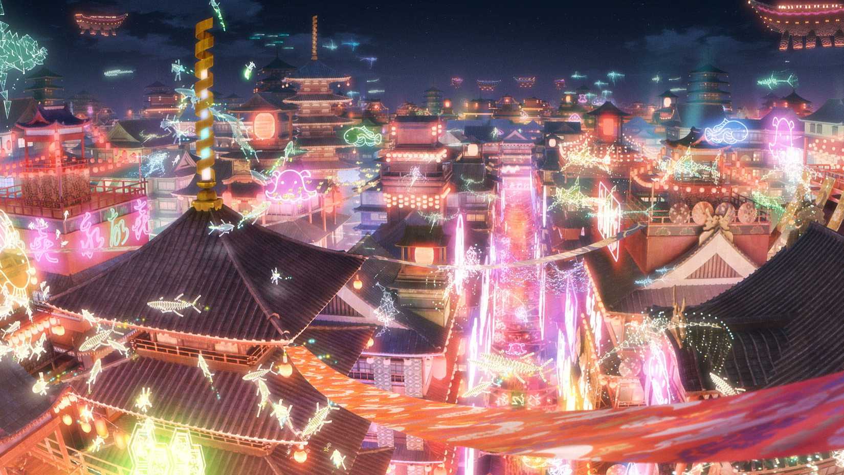 A Cosmic Princesse Kaguya! official image showing Tsukuyomi, a neon-covered Japanese city