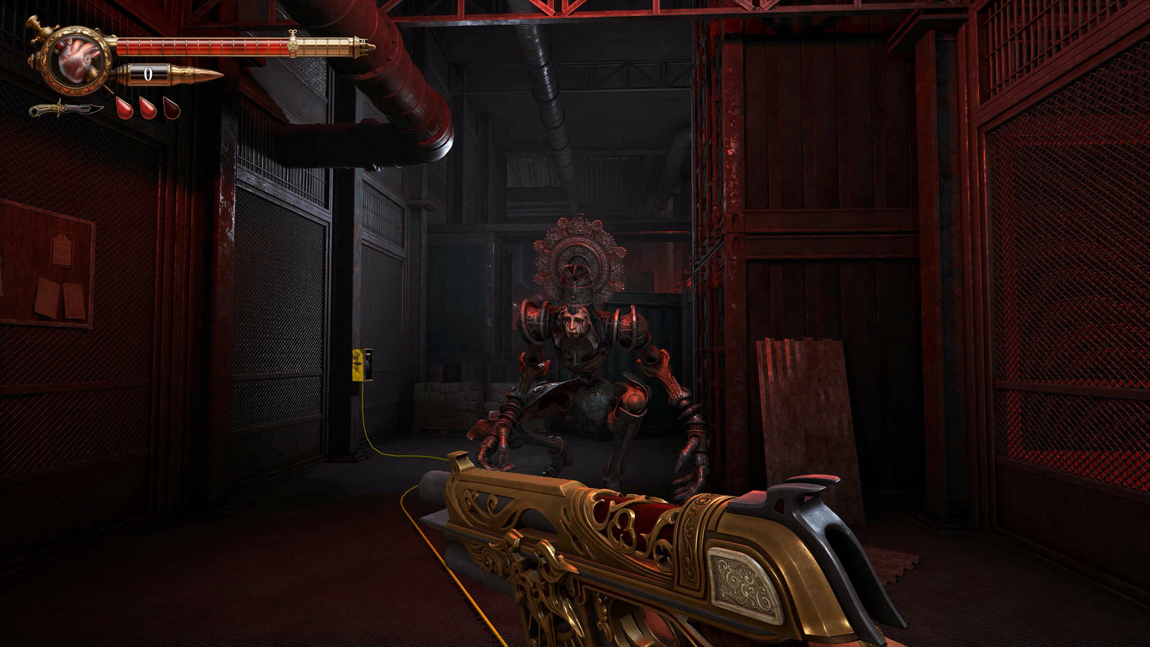 A robotic adversary confronts Gabriel in Crisol: Theater of Idols.