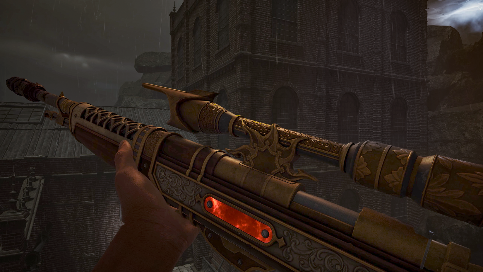 Gabriel brandishes a sniper rifle in Crisol: Theater of Idols.