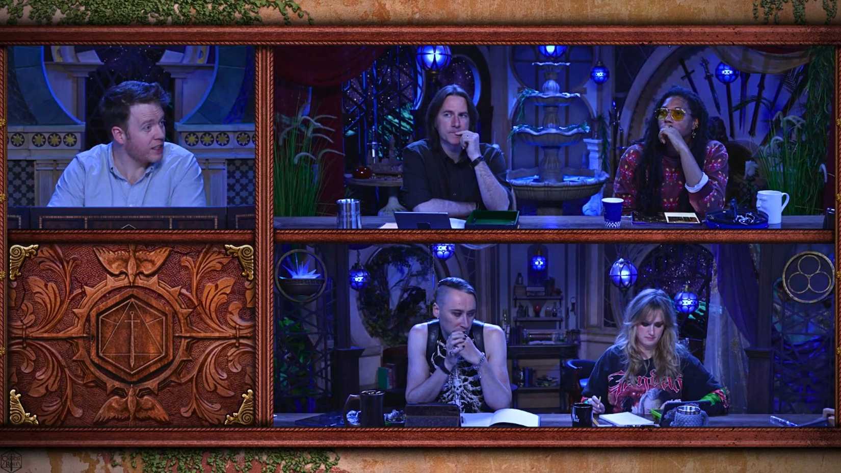 An image from Critical Role Campaign 4, episode 12. It features Brennan Lee Mulligan, Matthew Mercer, Aabria Iyengar, Alexander Ward, and Ashley Johnson among a fantasy-esque background.