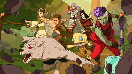 A screenshot depicting the cast of Bells Hells from the Critical Role animated intro