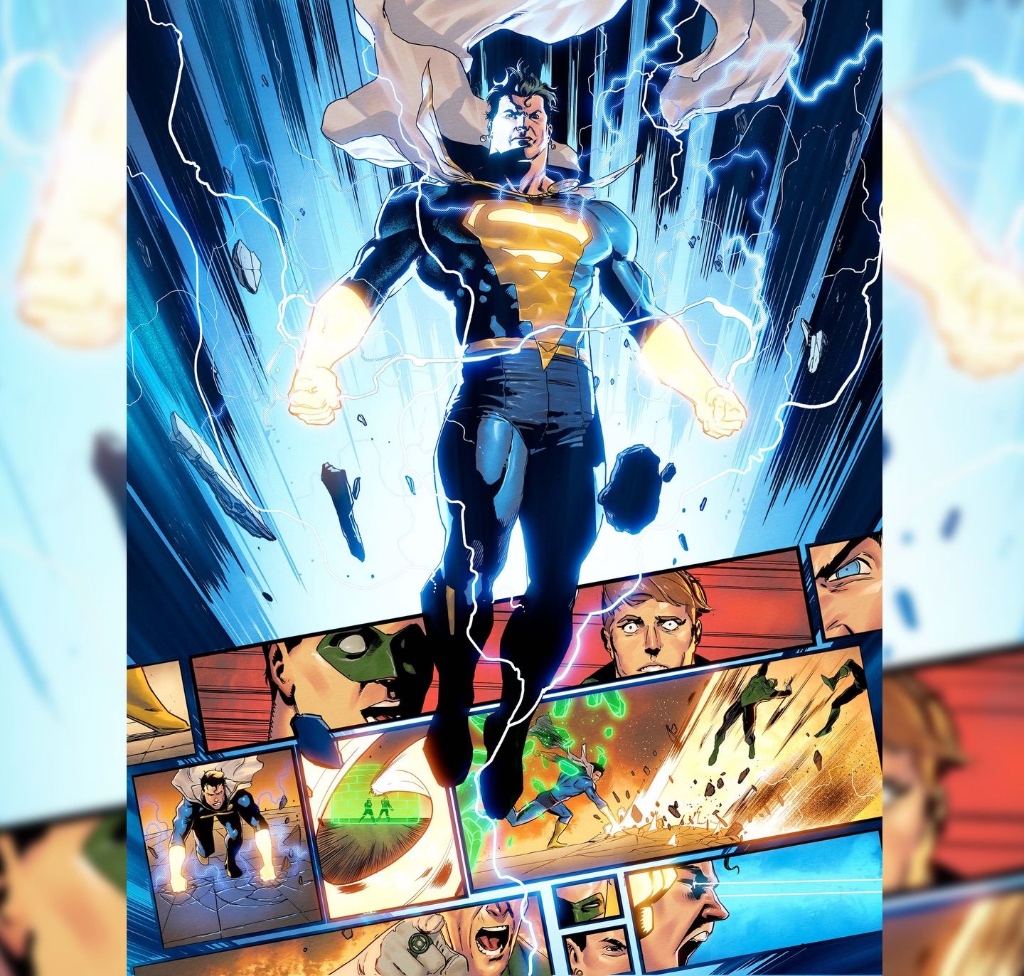 A full-page spread of fused Superman showcasing his magical redesign in DC K.O. #3