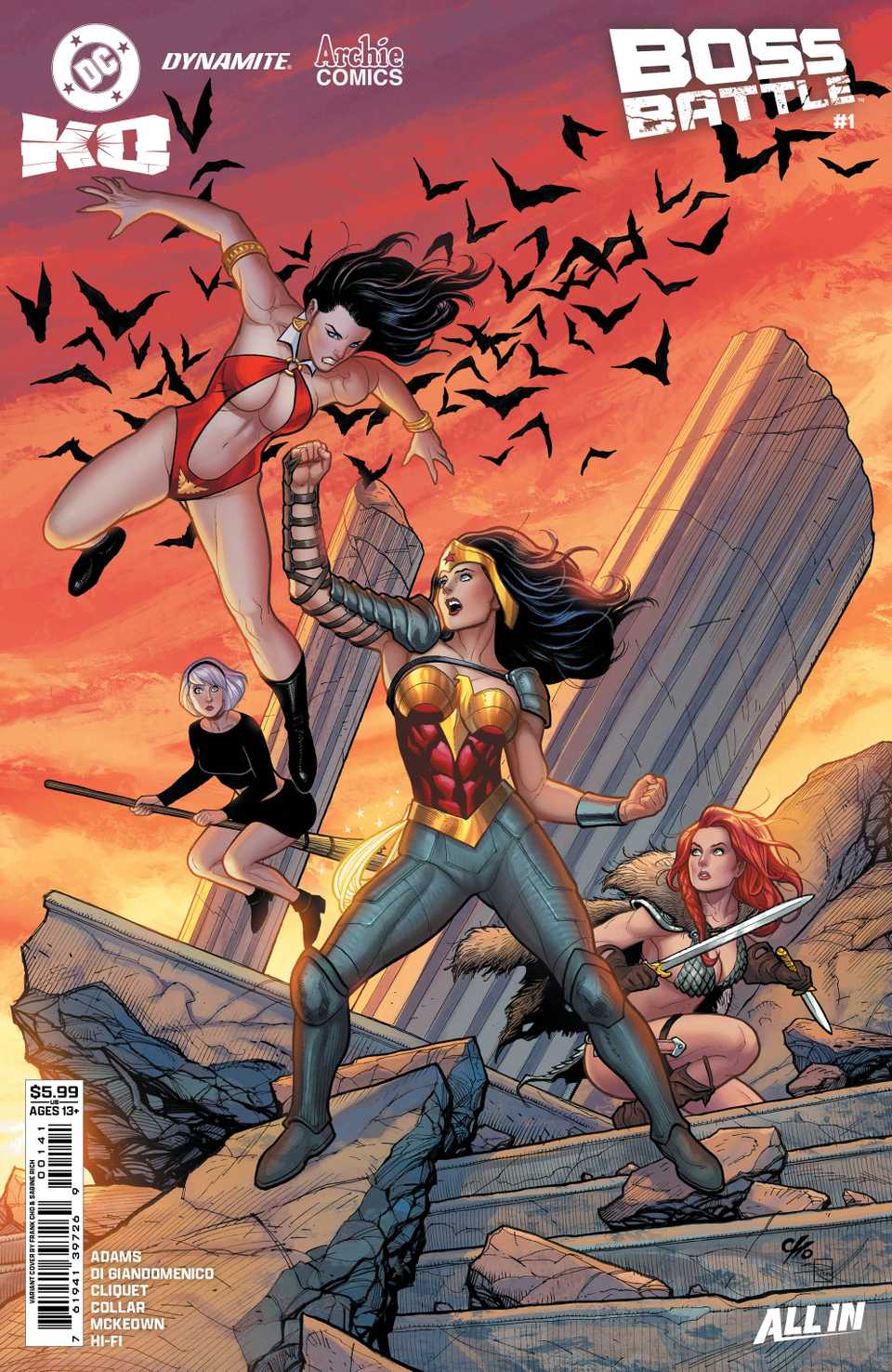 Wonder Woman and Vampirella engage in battle on the cover of DC K.O.: Boss Battle #1