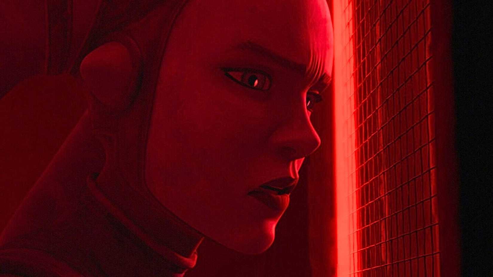 Image from Star Wars Maul - Shadow Lord. It depicts a pink Twi'lek, Devon Izara, looking through a red grate. The lighting that covers her face is red.