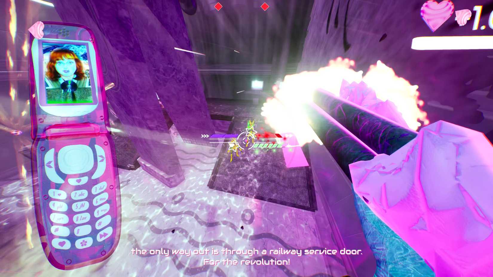 Imber leaps in the air while shooting a shotgun in Don't Stop, Girlypop!