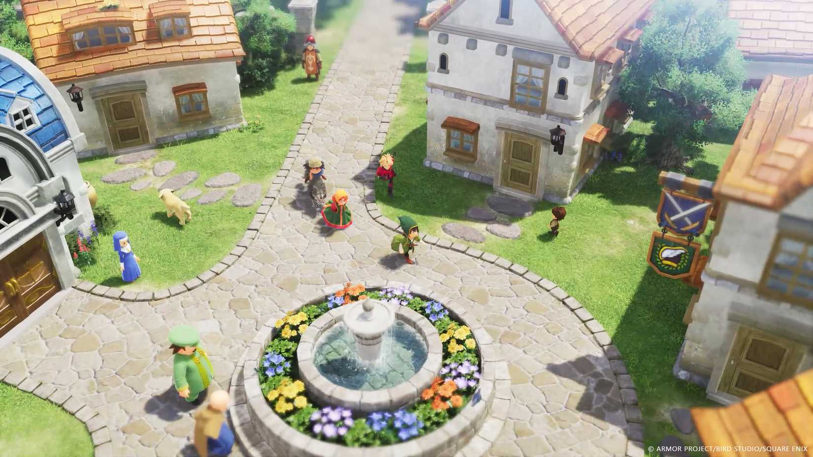 The characters run through town in Dragon Quest 7 Reimagined