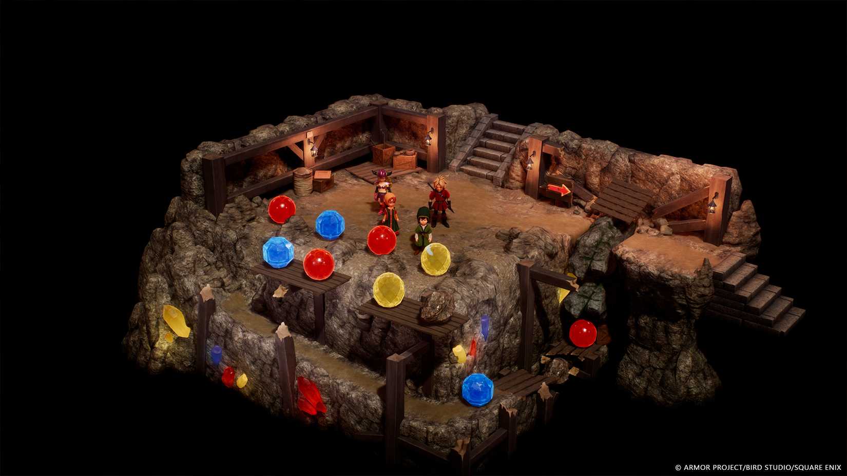 A puzzle involving colored crystals in a mine in Dragon Quest 7 Reimagined