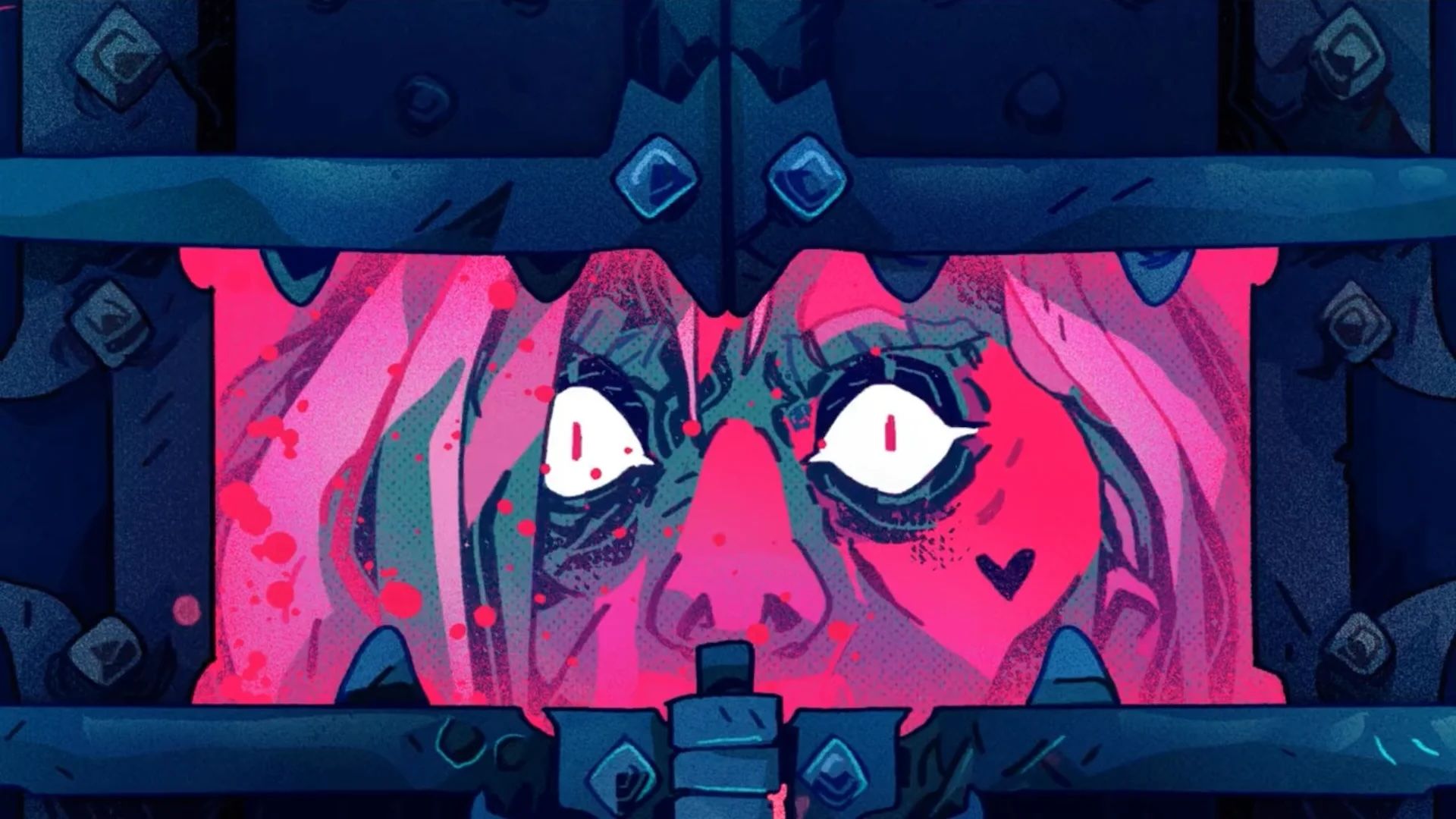 A close-up of a pink face with wild, staring white eyes with small red pupils, seen through a metal portal, from the cover of Rowan, Rook & Decard's RPG Eat the Reich