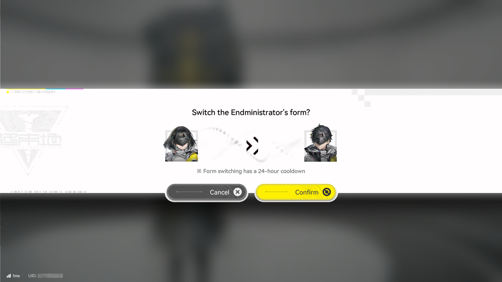 A prompt asking if you want to switch Endministrator forms in Arknights: Endfield