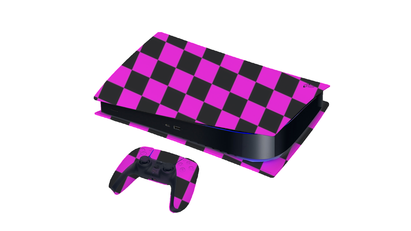 A purple and black checkered PS5 sits against a white background.