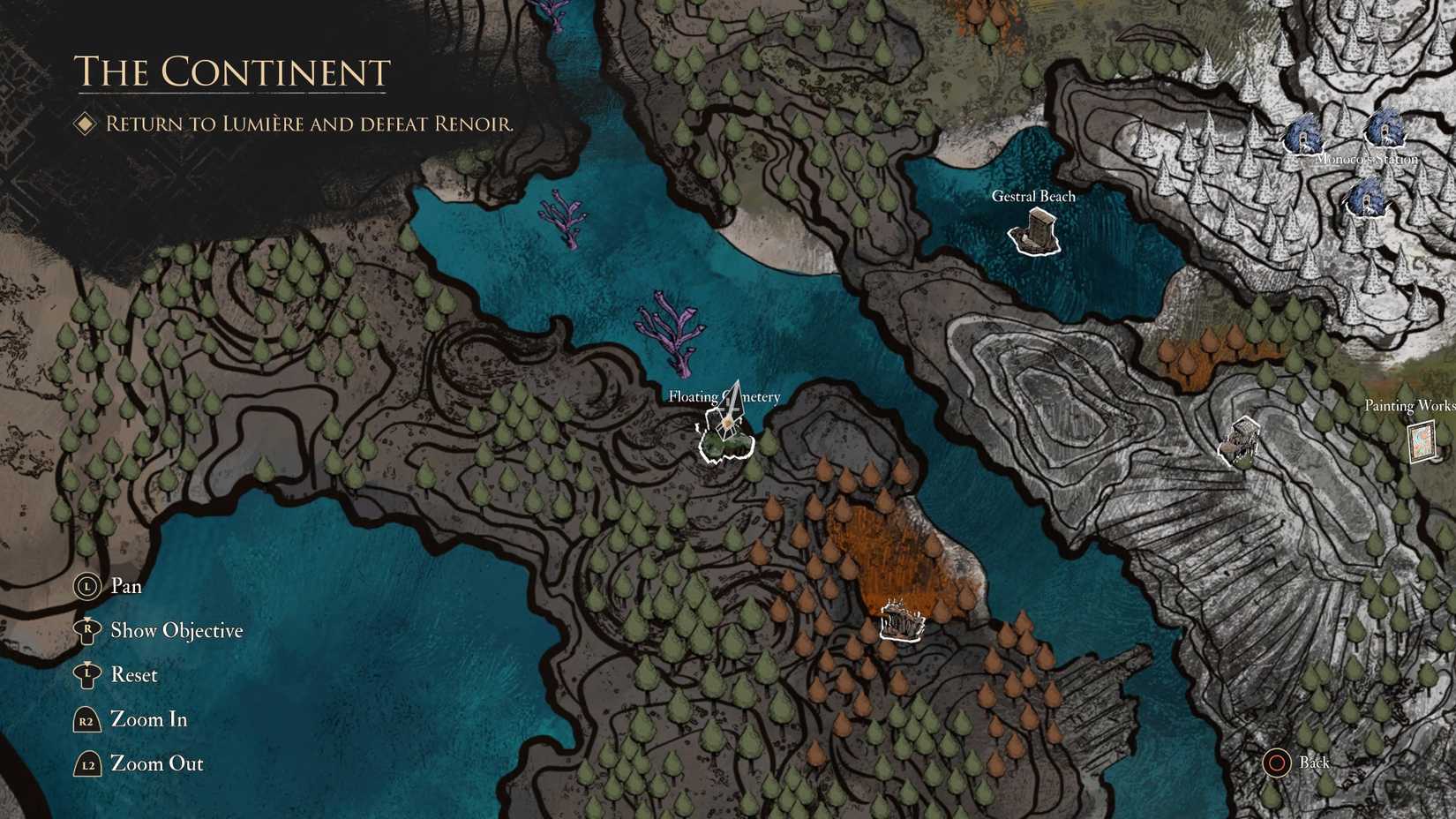 A map showing where to find the Floating Cemetry in Expedition 33