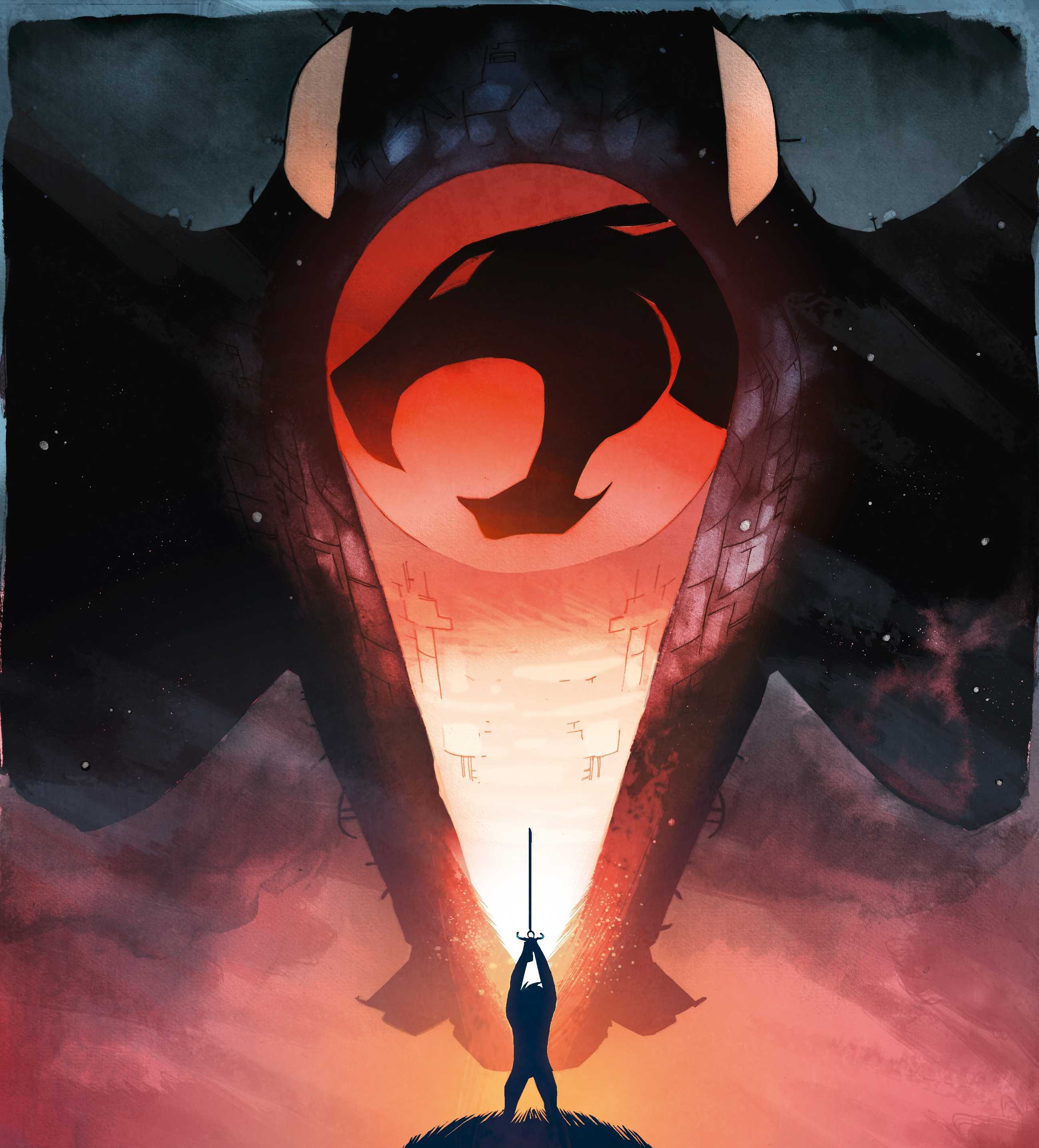  The Roleplaying Game, a small silhouetted form holds up the Sword of Omens, projecting the Thundercats symbol in a beam of light onto a dark, moth-shaped spaceship above