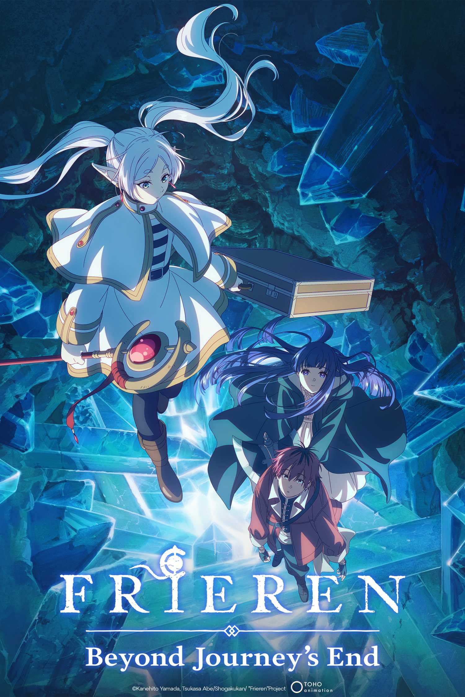 Frieren season 2 key art with Frieren, Fern, and Stark descending into the caves