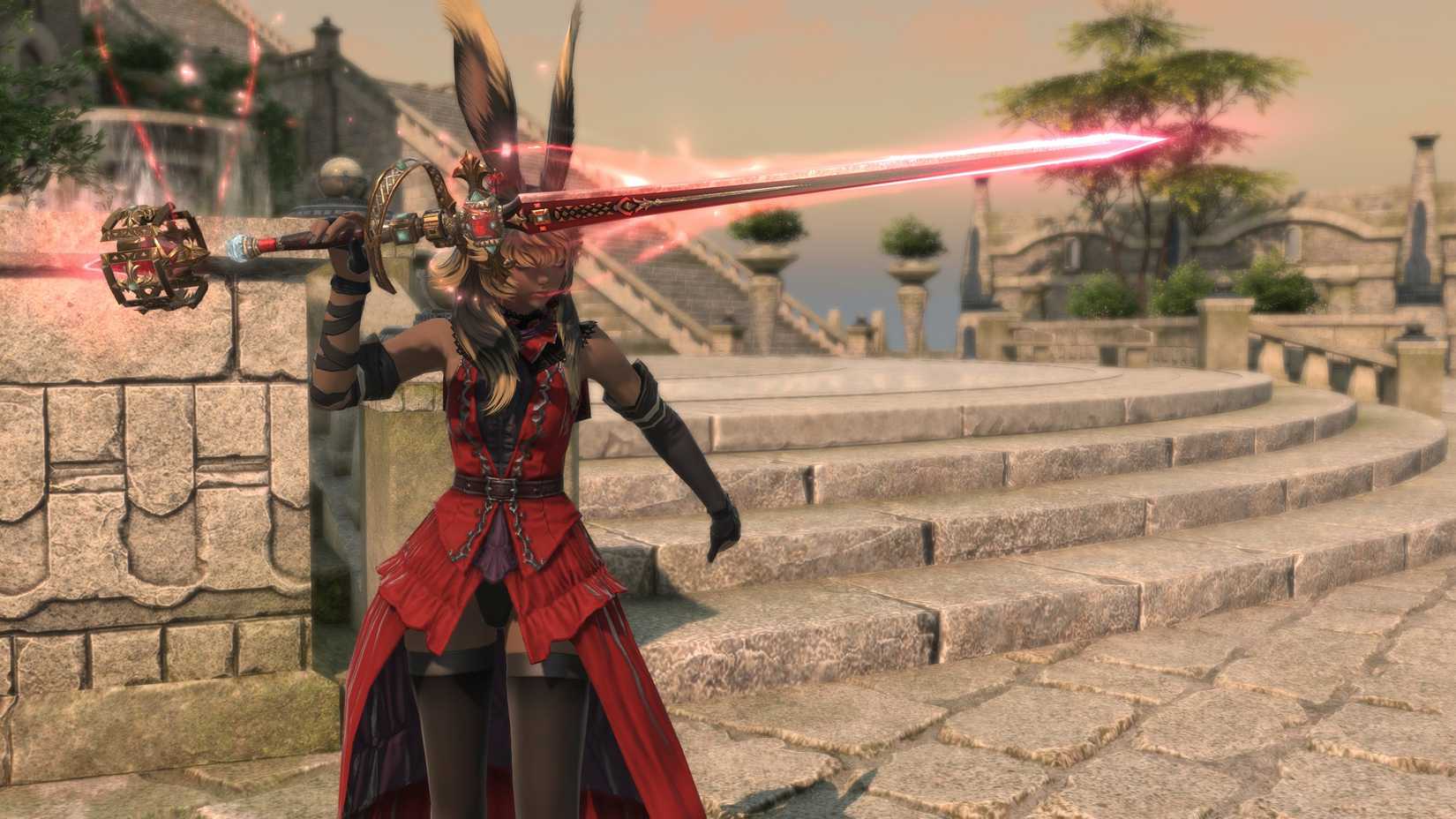 A Viera in red hands up a glowing rapier in FFXIV.