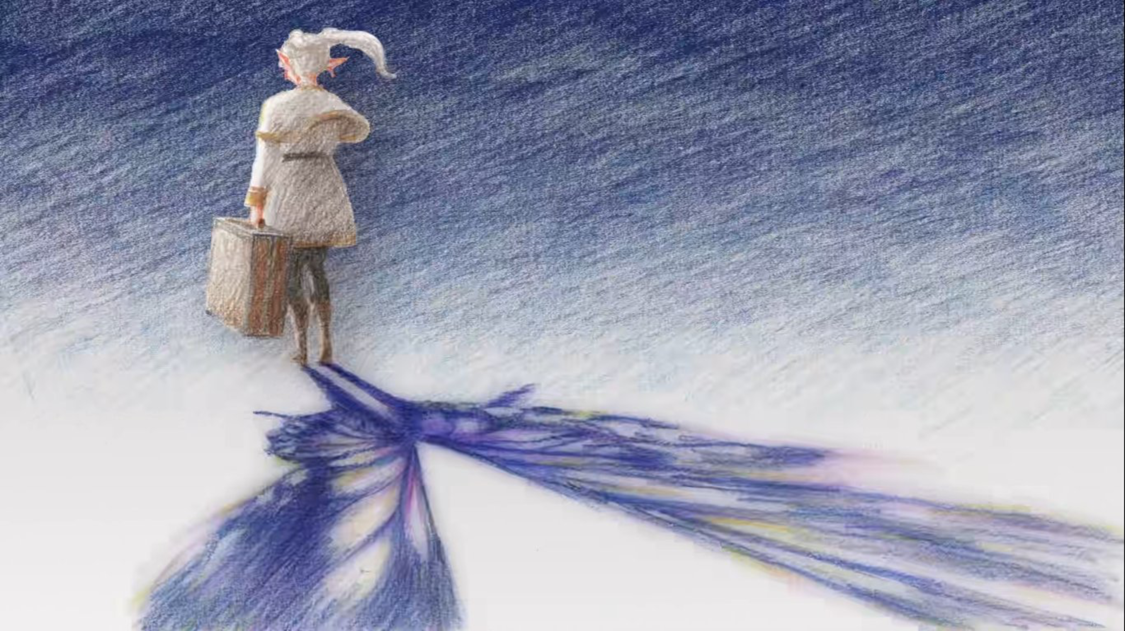 Art of Freiren holding her bags and her shadow casting the image of a butterfly from the season 2 ending visuals