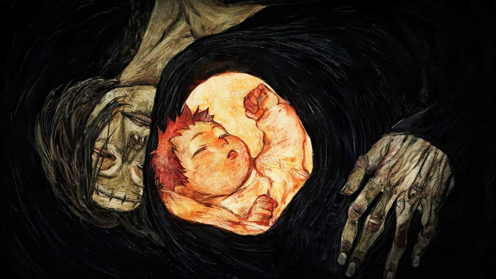 Infant Yuji and Kaori in a somber womb sequence