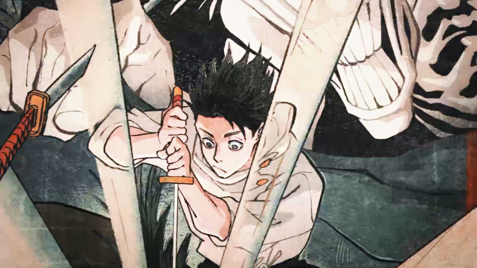 Yuta using a sword to impale something in the season 3 opening of Jujutsu Kaisen