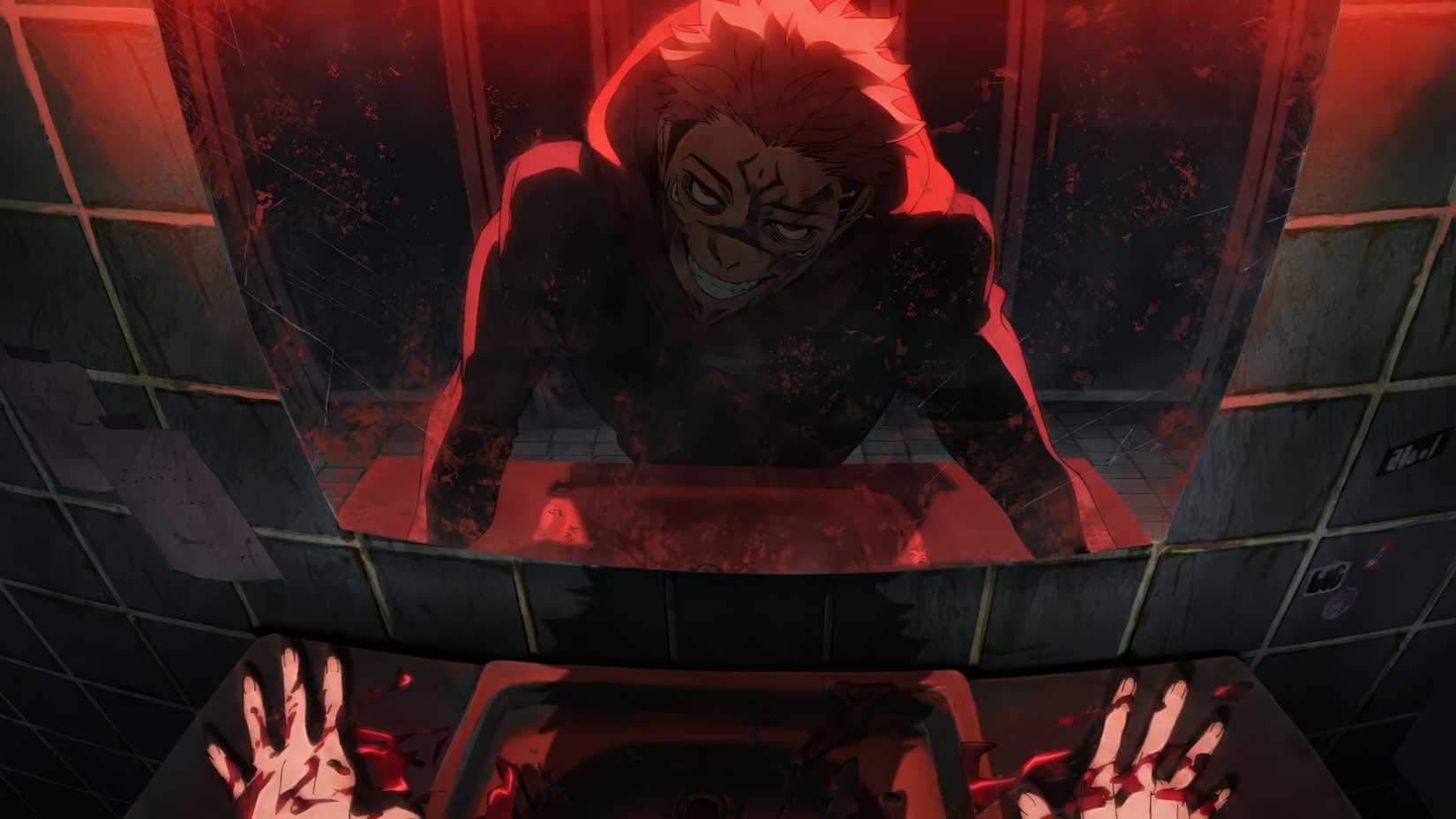 Sukuna's menacing reflection in the season 3 opening of Jujutsu Kaisen