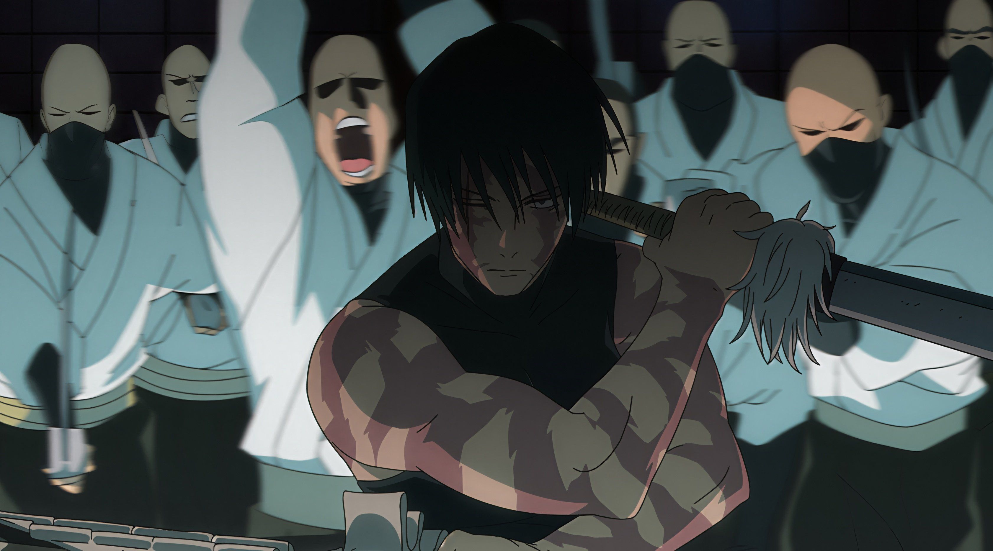 Maki surrounded by the Kukuru Unit in Jujutsu Kaisen season 3