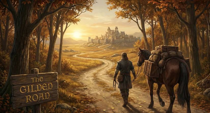 Gilded Road mod cover art showing a character and their horse walking toward a city