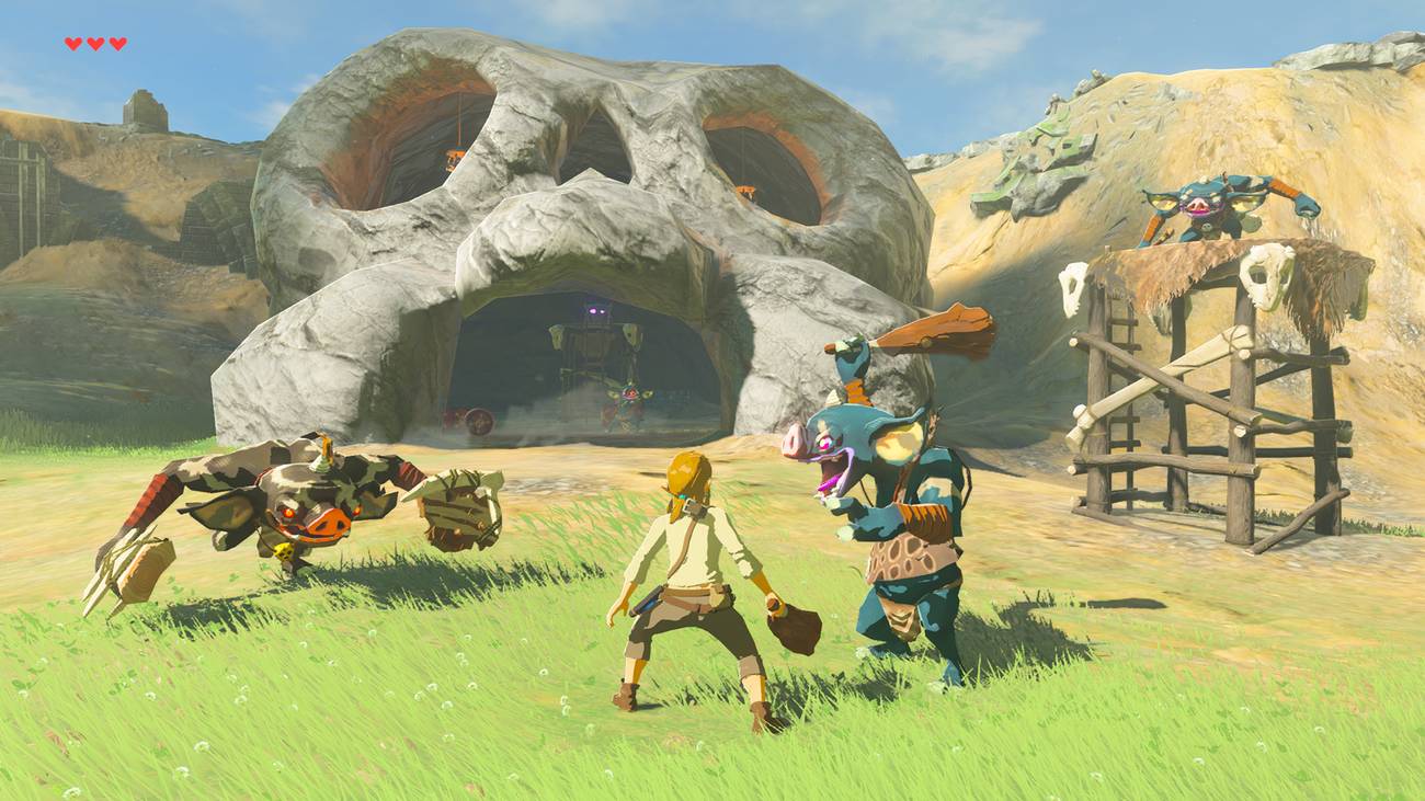 Link, armed with just a club, confronts blue and black Bokoblins on the Great Plateau in Master Mod of The Legend of Zelda: Breath of the Wild