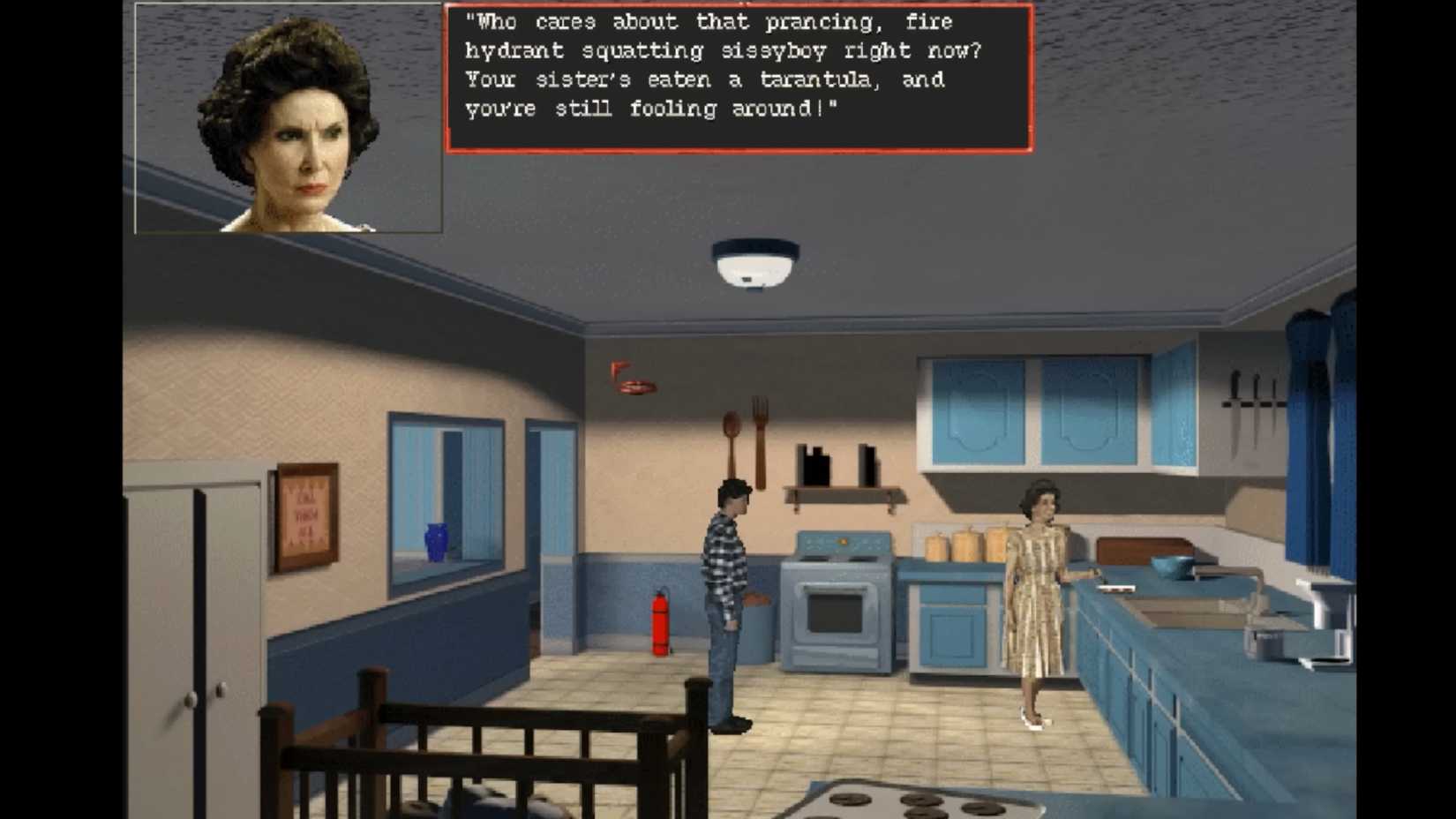 Steve's mother, as seen in Harvester, chastising him and insulting a local fireman.