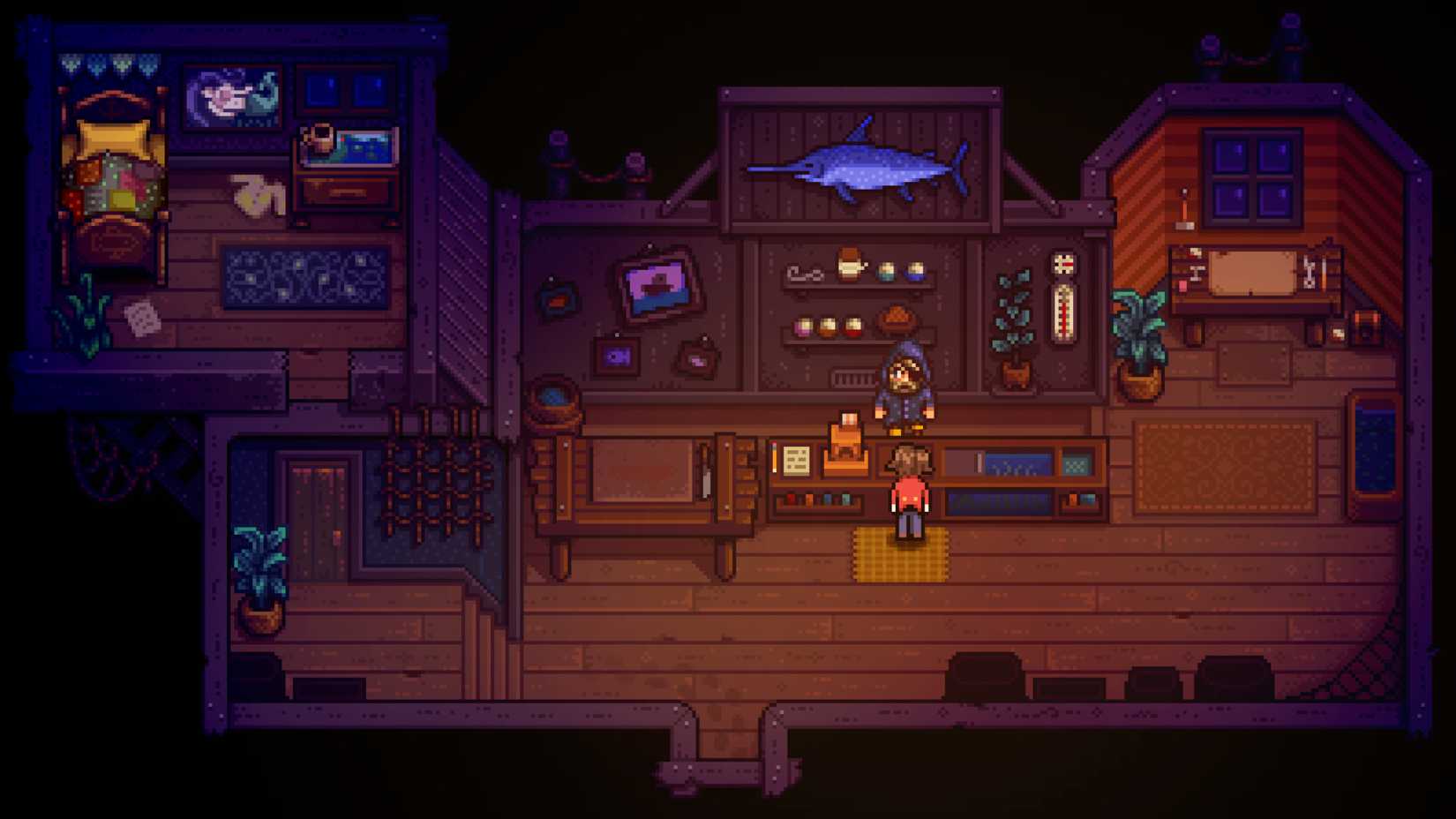 An interior view of Haunted Chocolatier, showing the player-character inside a wooden cabin, buying something from a hooded shopkeeper.