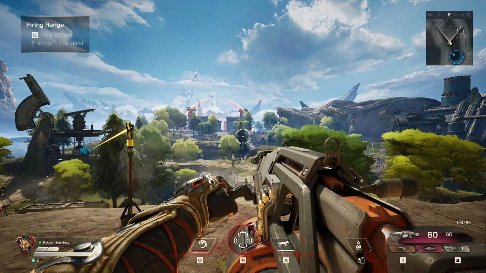 The player wielding the Big Rig while overlooking the map in Highguard.