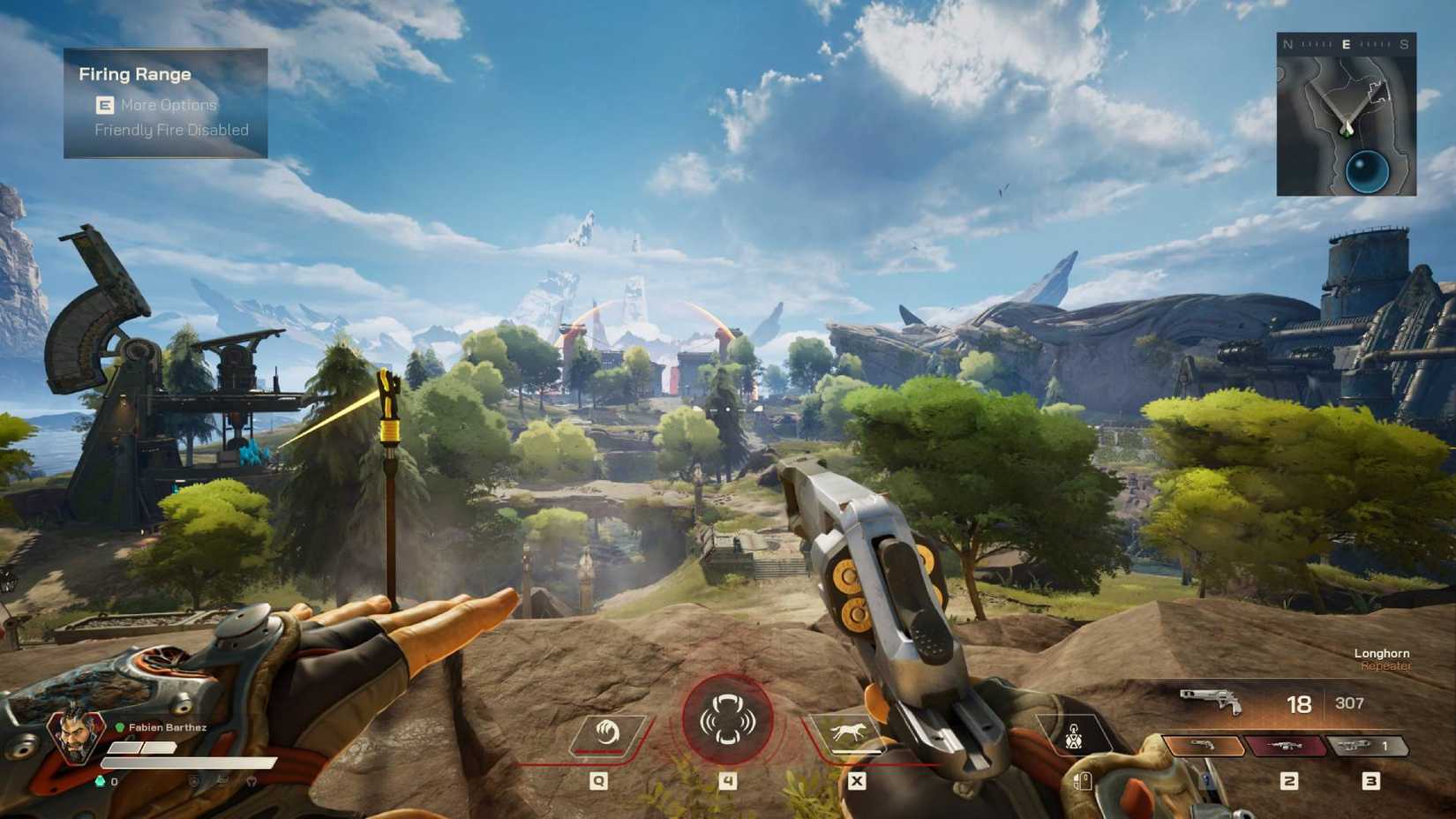 The player wielding the Longhorn while overlooking the map in Highguard.