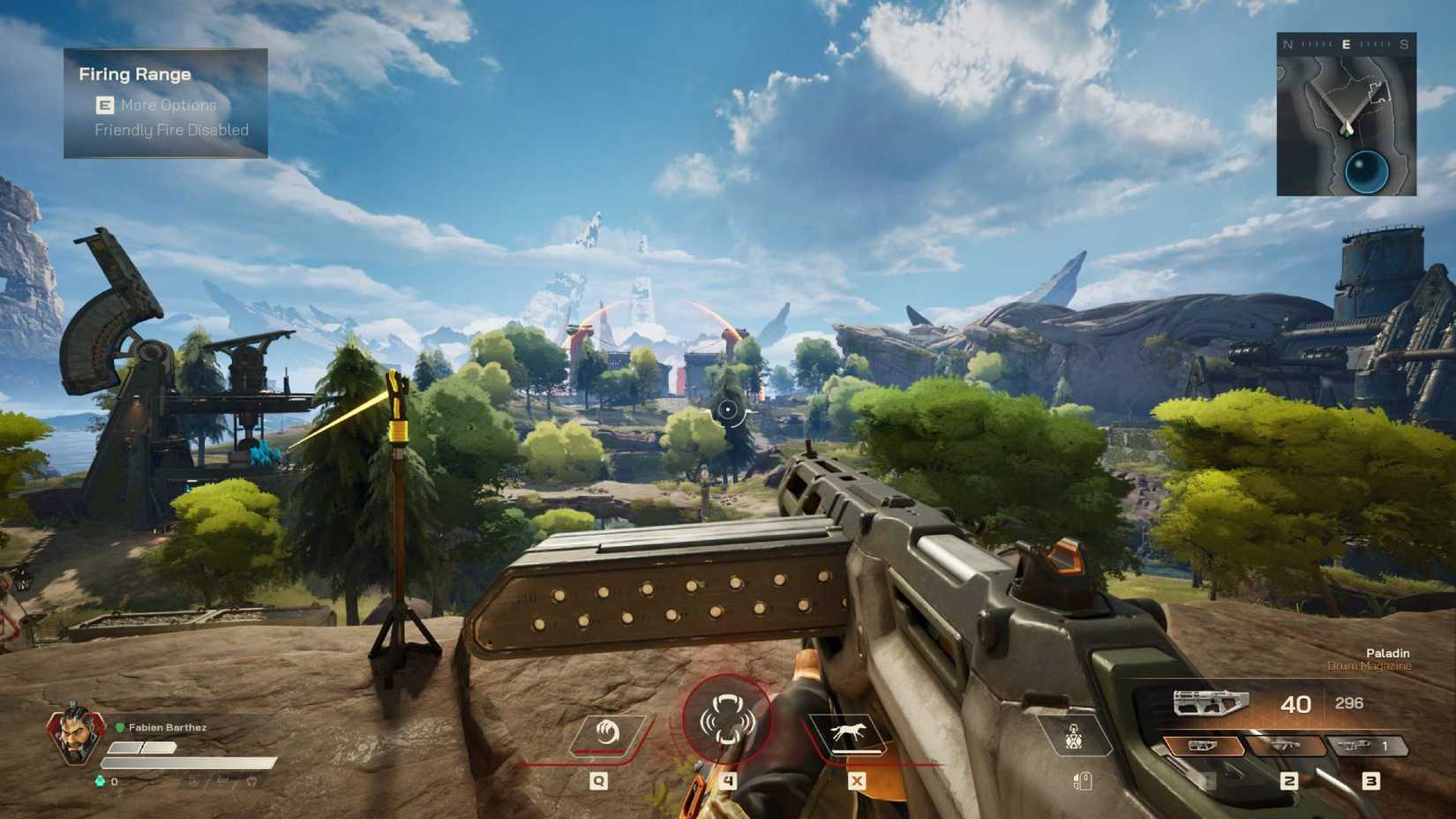 The player wielding the Paladin while overlooking the map in Highguard.