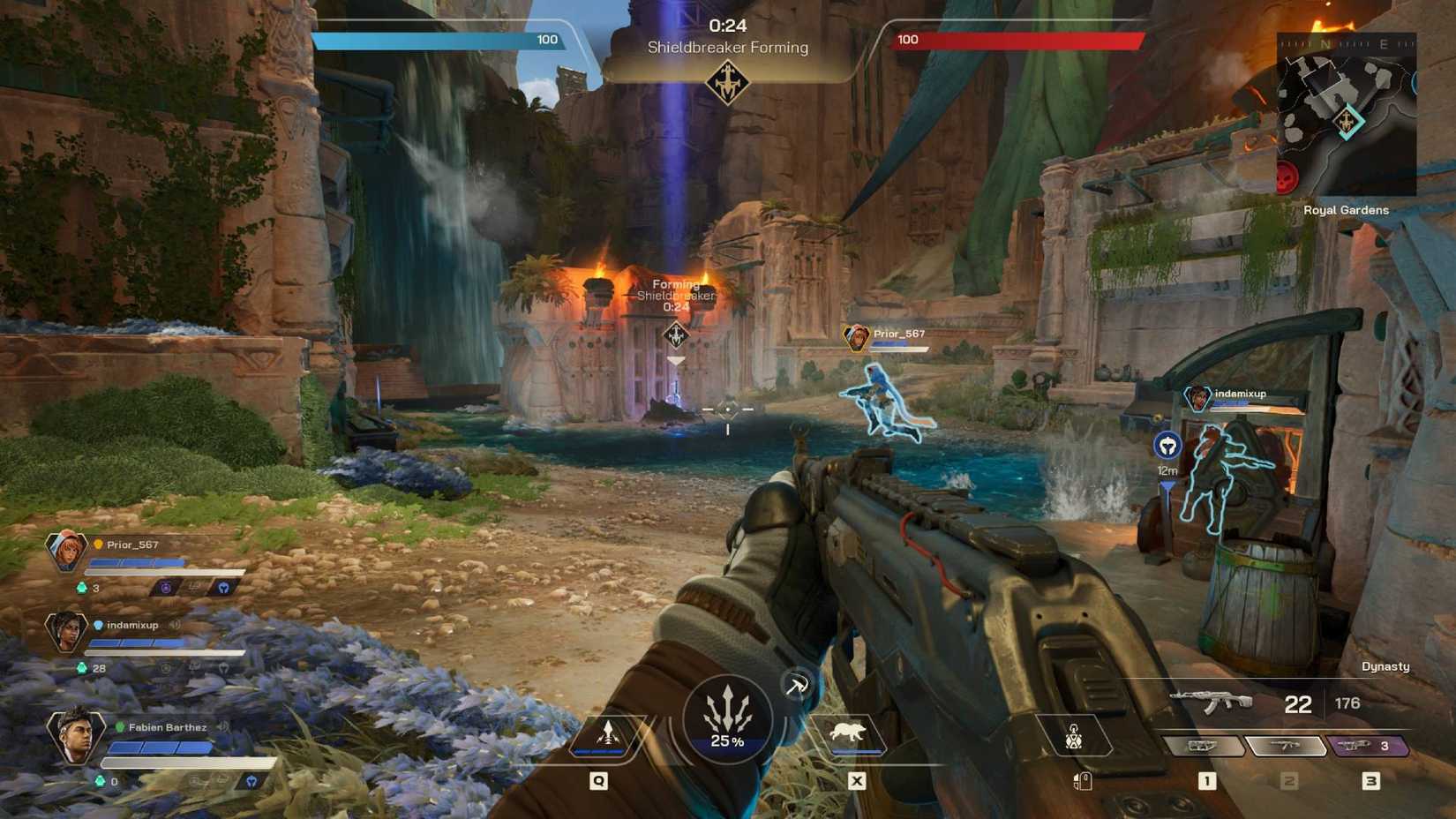 The player in Highguard wielding an assault rifle watching a teammate pick up the Shieldbreaker.