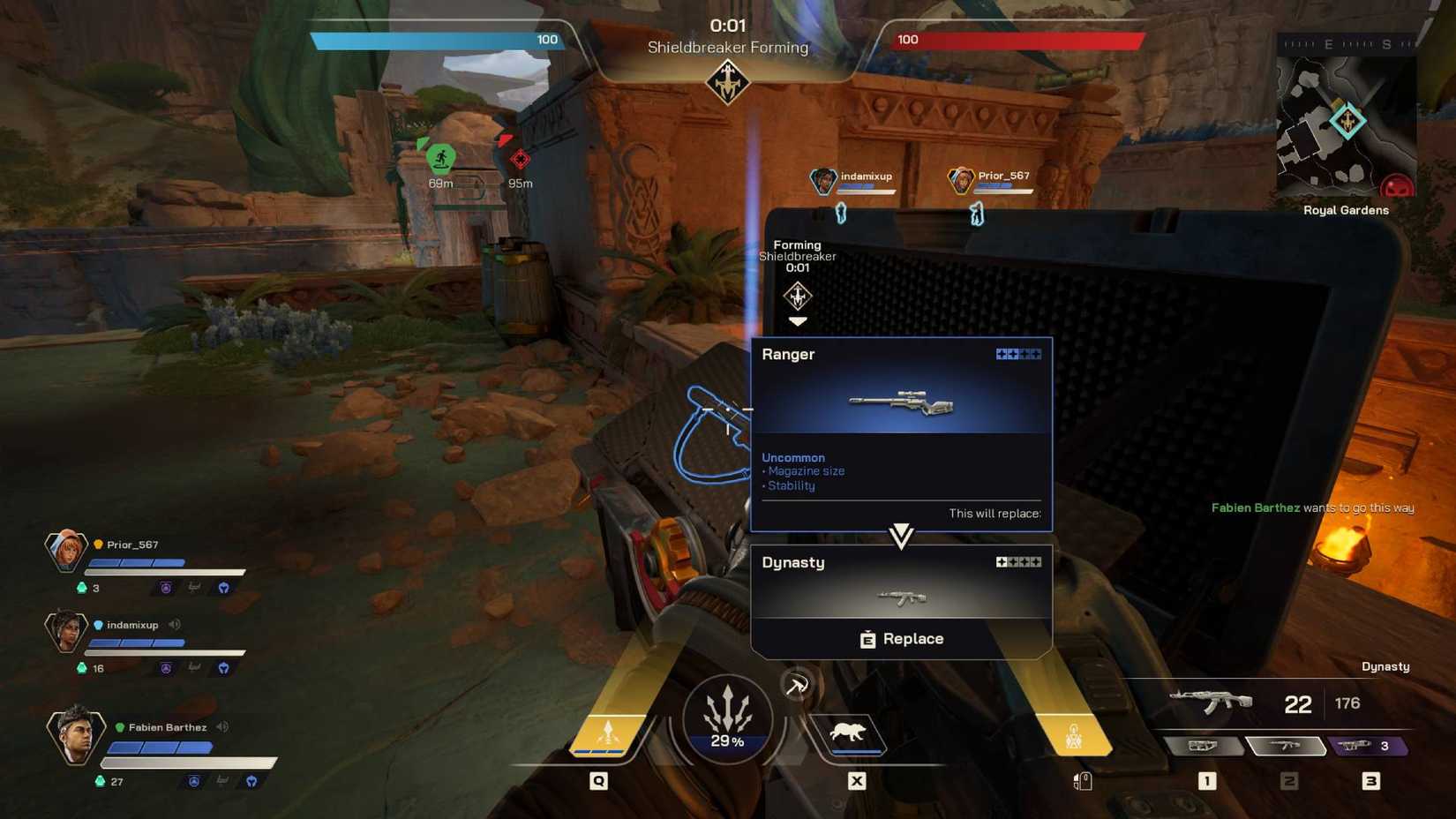 The player in Highguard looking at a sniper rifle inside a chest.