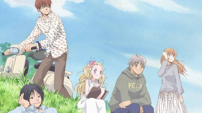 The gang from Honey and Clover sitting on a hilltop