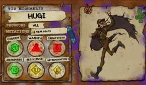 Vic Michaelis' character sheet for the Dimension 20: Gladlands character Hugi, a terrifying and tall survivor.