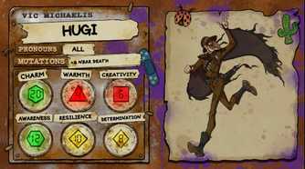 Vic Michaelis' character sheet for the Dimension 20: Gladlands character Hugi, a terrifying and tall survivor.