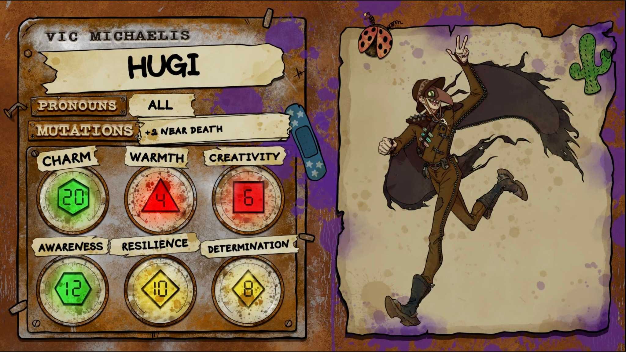 Vic Michaelis' character sheet for the Dimension 20: Gladlands character Hugi, a terrifying and tall survivor.
