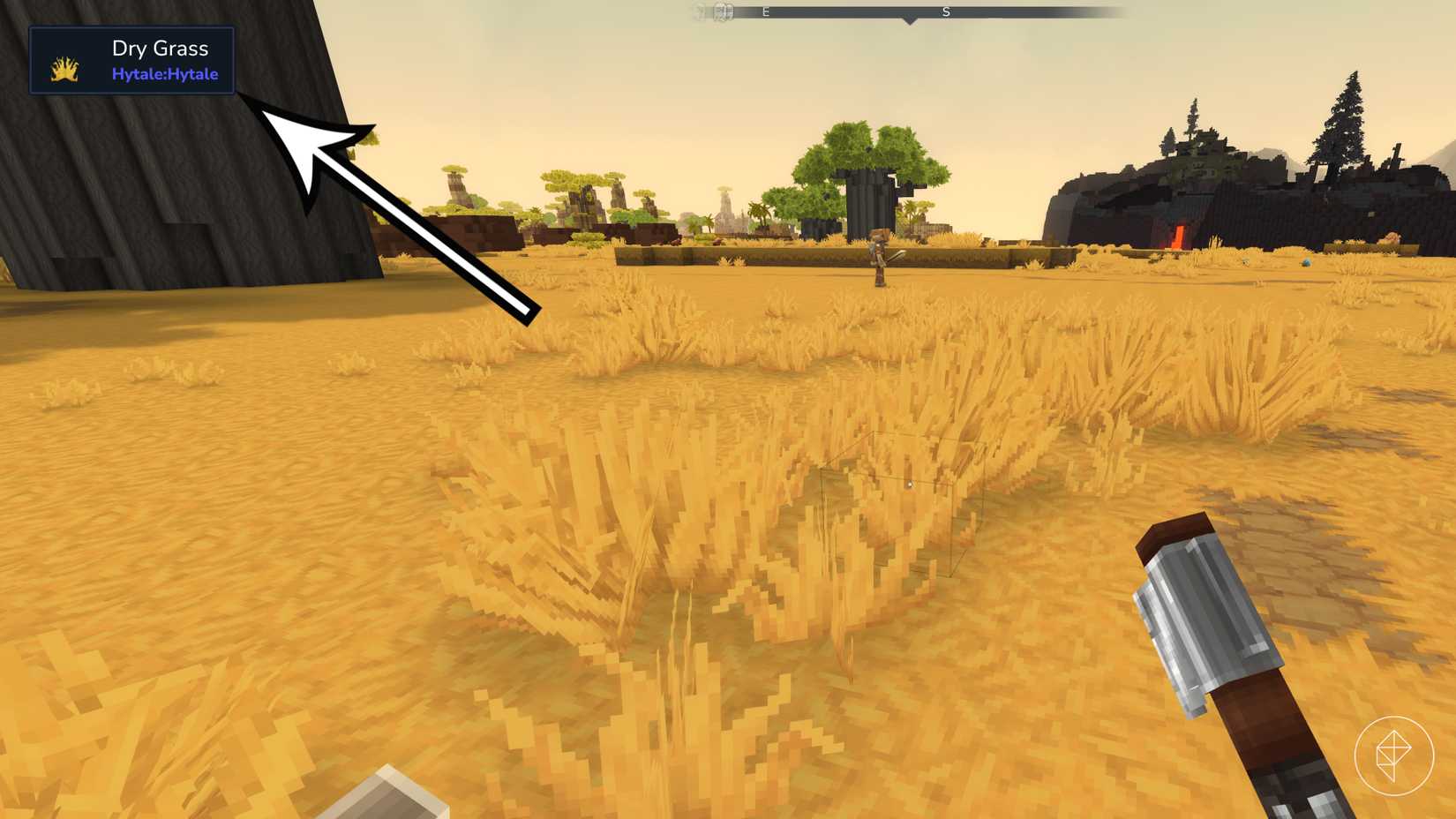 An arrow points to block info from the EyeSpy mod in Hytale.