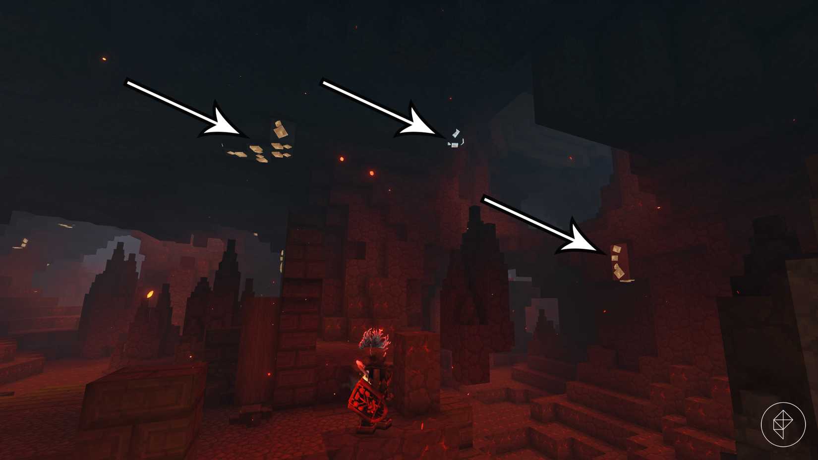 Arrows point to glowing ore in modded Hytale.