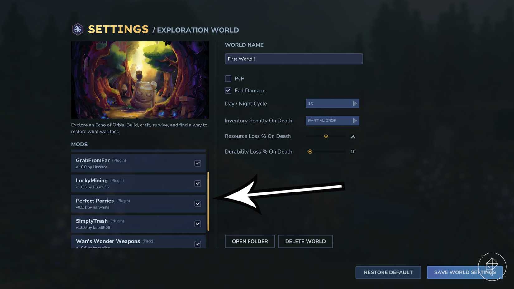 An arrows points to the active mods in a Hytale world.