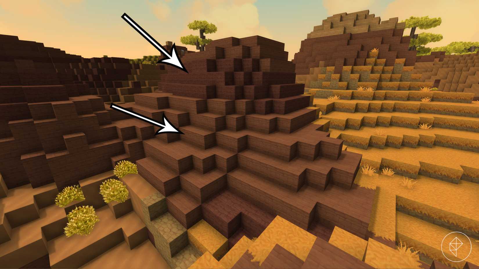 Two arrows point to red clay and red sandstone cobble in Hytale.