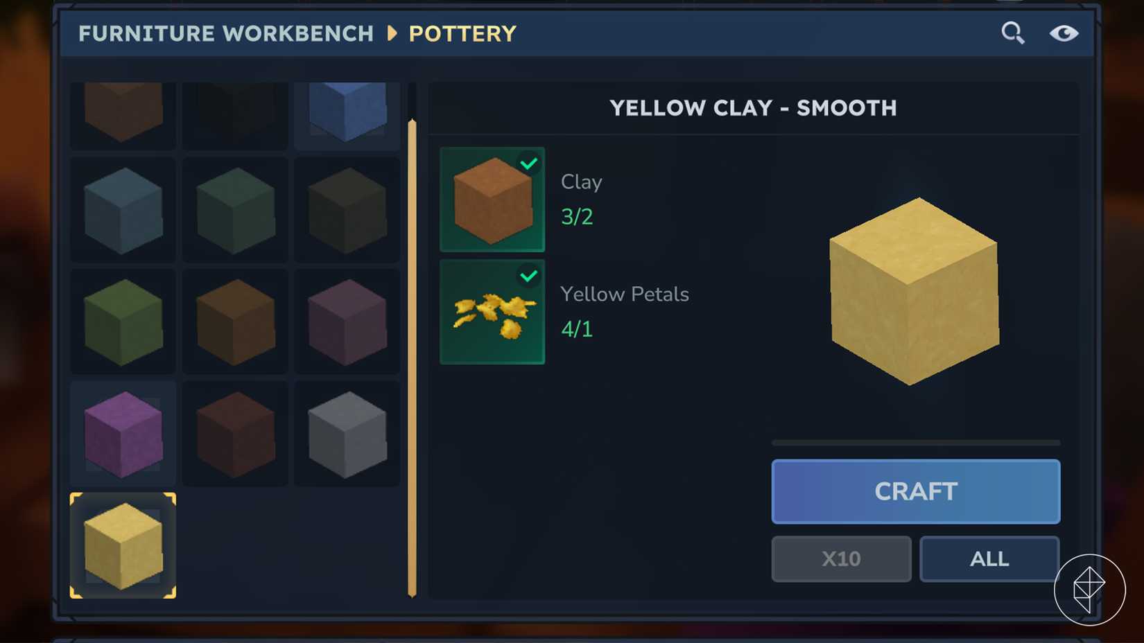 A crafting menu to make colored clay in Hytale.