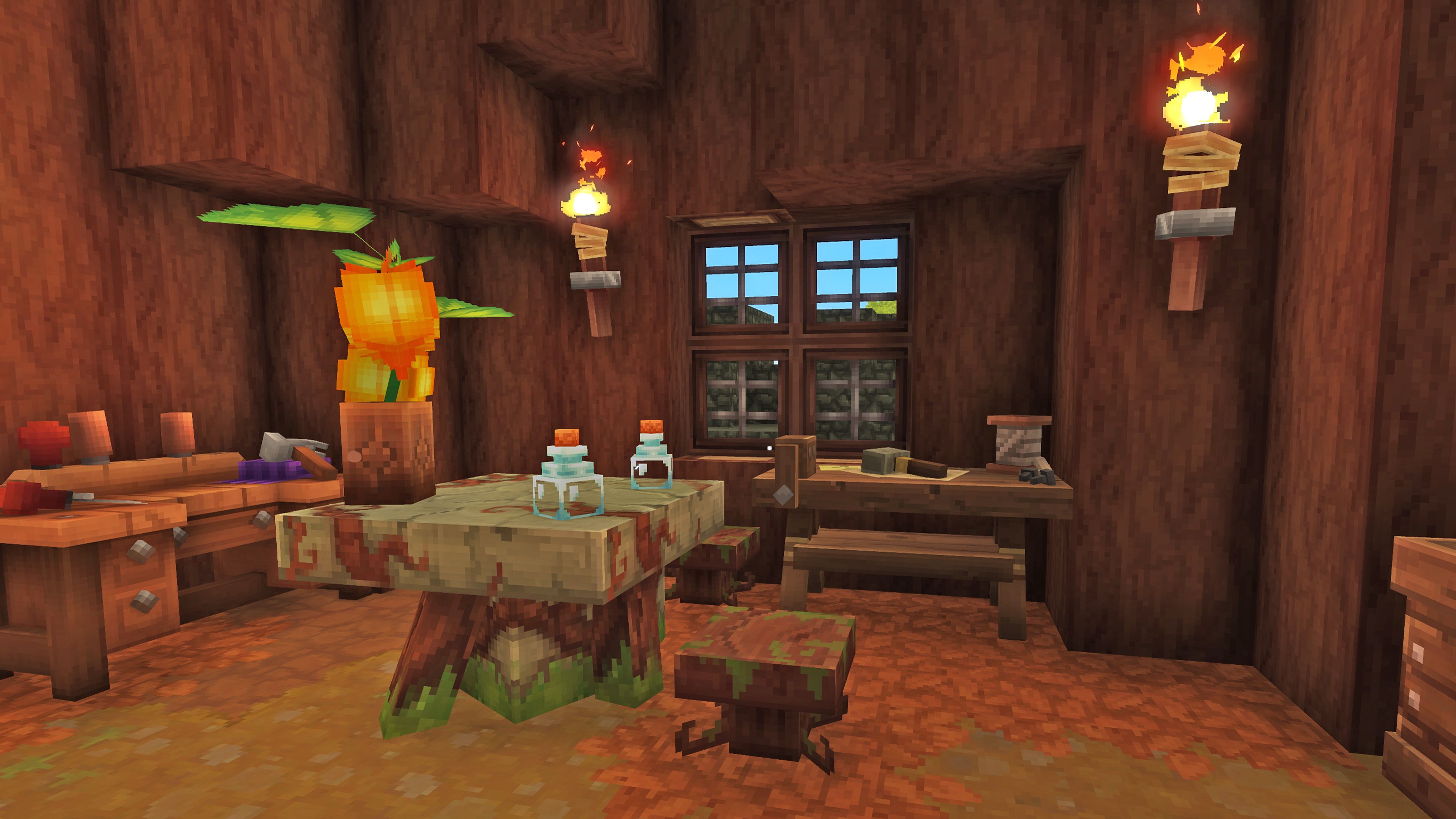 A Hytale house with windows and glass bottles.