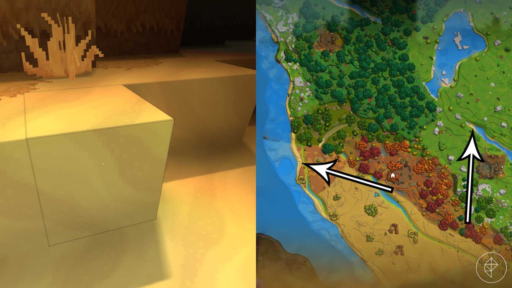 The left side of this picture shows a block of sand, and the right side shows sandy areas on the Hytale map.